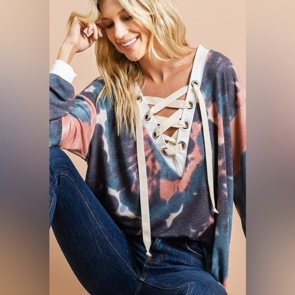 BiBi Tie Dye Deep V-Neck Top with Lace Up Front